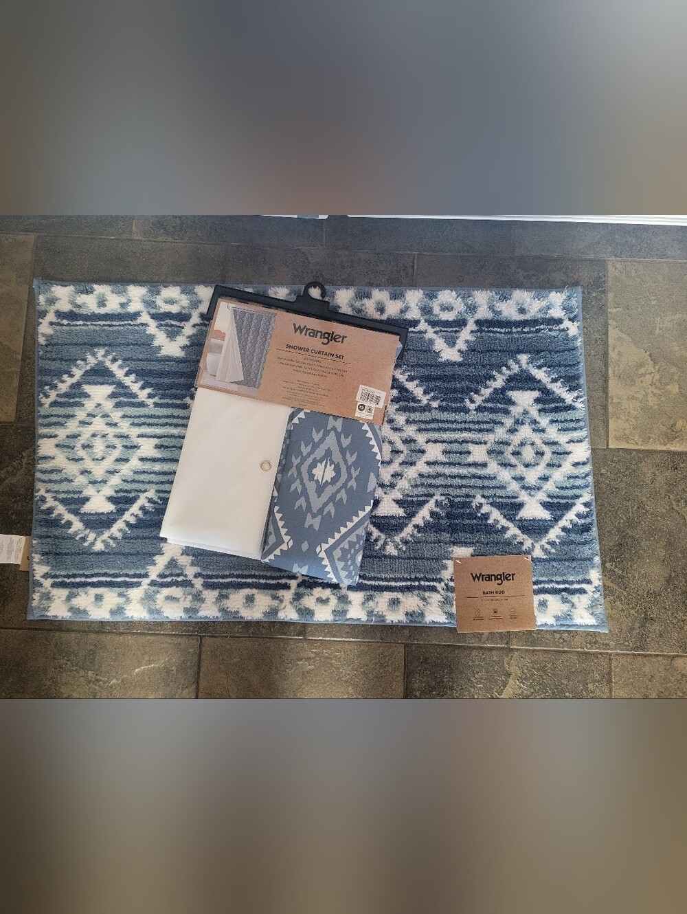 New Wrangler Shower Curtain Set Blue White Aztec